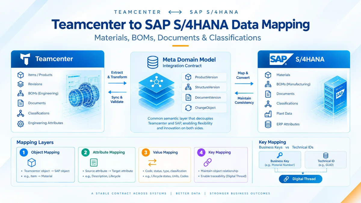 Teamcenter to Meta Domain Model to SAP S/4HANA mapping architecture with object, attribute, value and key mapping layers